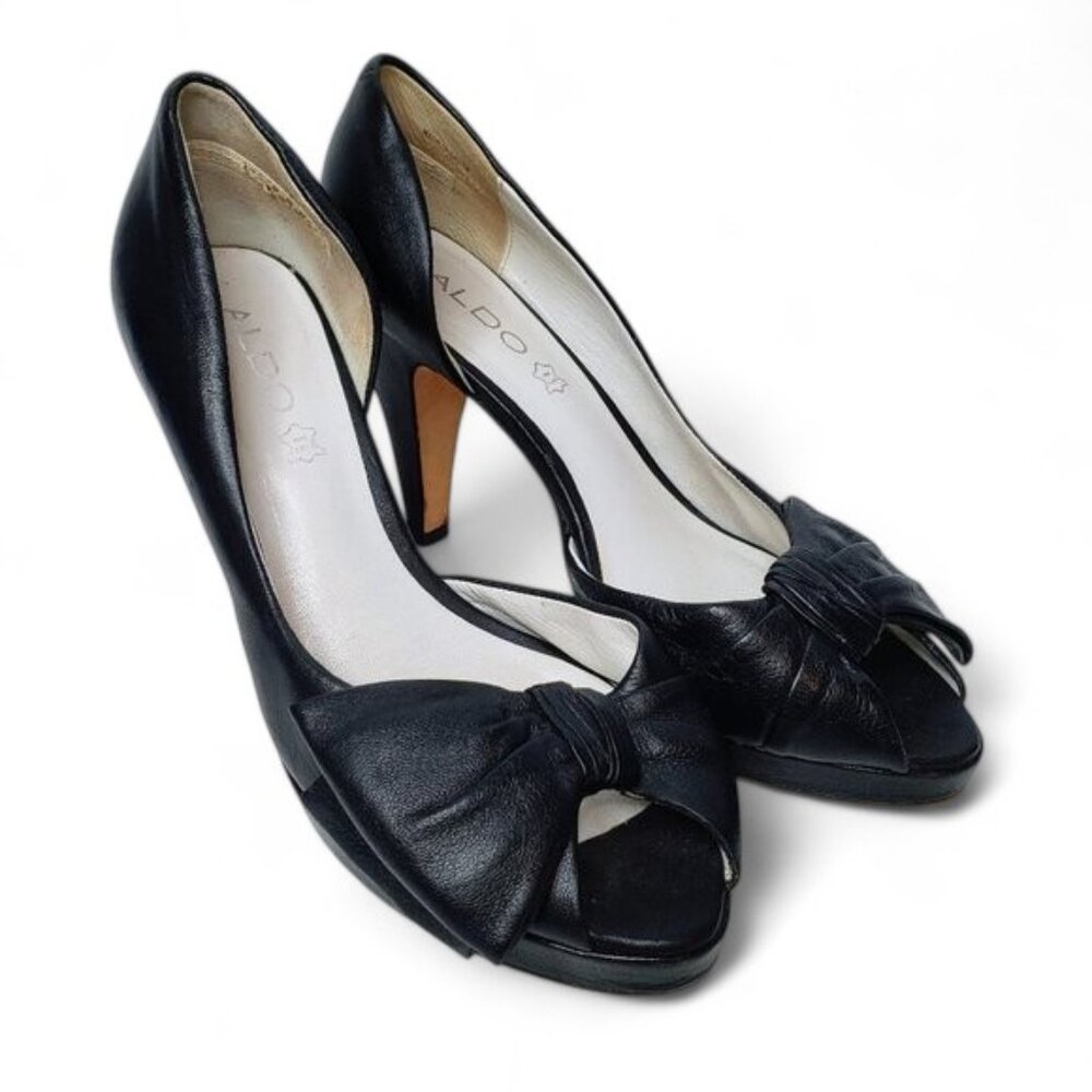 Aldo Black Leather Bow Front Pumps Women's Peep Toe Evening Cut Out Sides 7.5